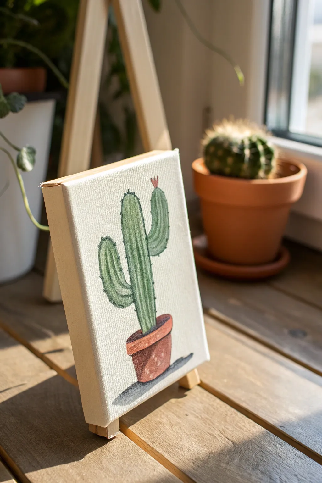 Simple tiny cactus painting on a mini canvas, perfect minimalist-boho DIY for beginners.