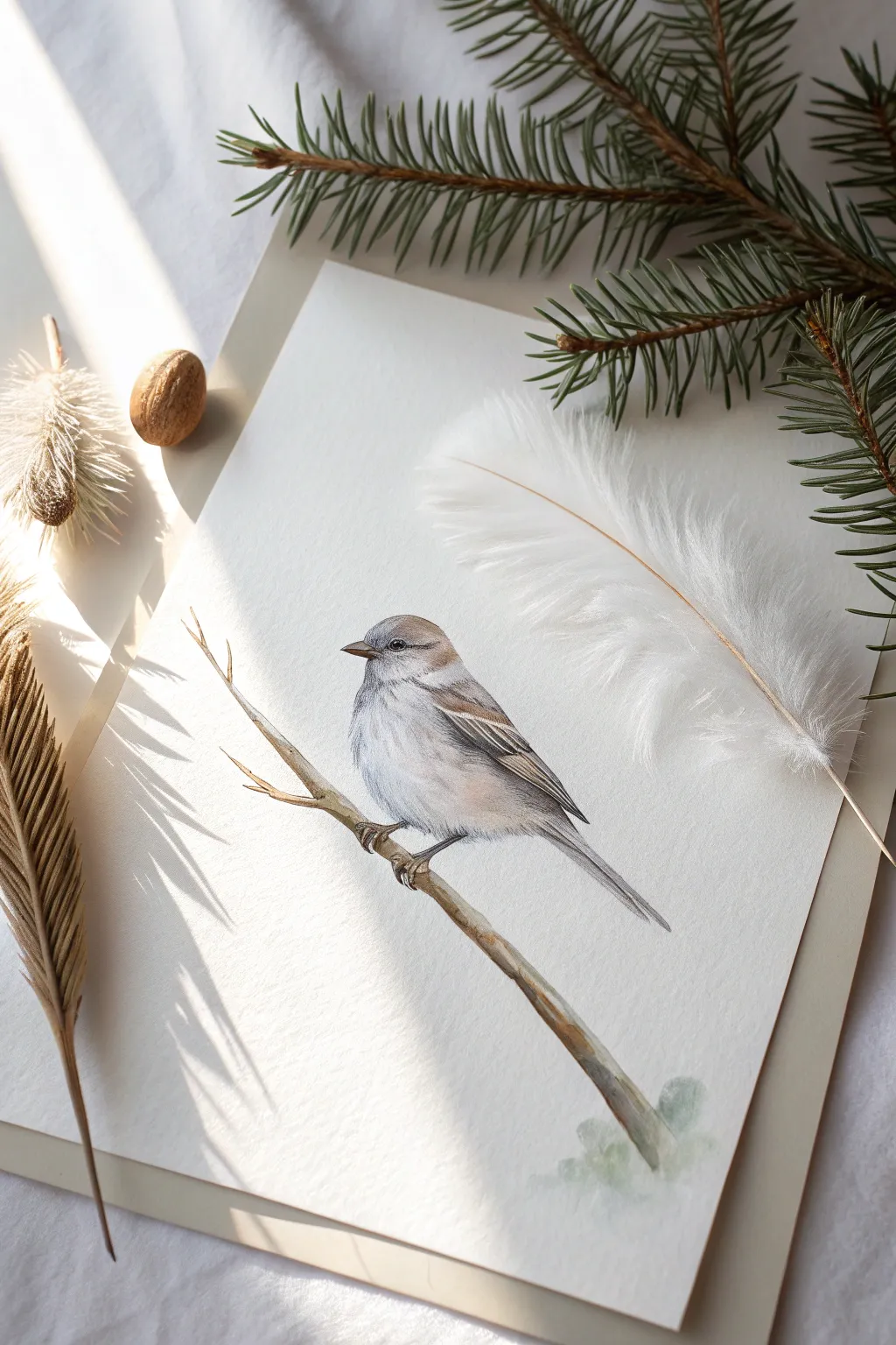 Mini bird on a branch: a calm tiny sketch with soft feather detail and airy white space
