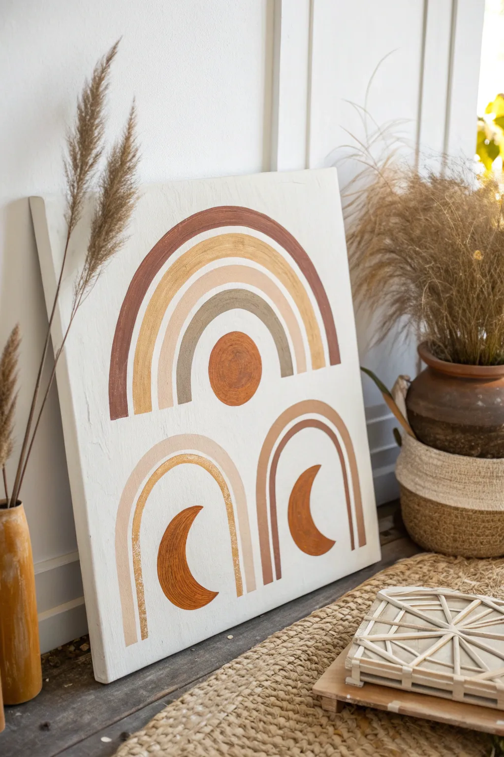 Boho arches and half moons in warm neutrals, balanced negative space, clean minimalist calm