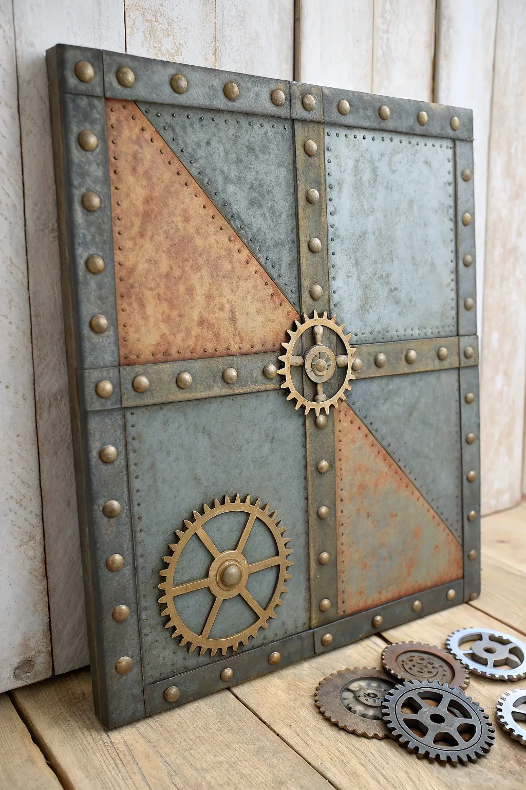 Minimal steampunk canvas: layered metal-plate illusion with rivets, seams, and subtle brass gears.