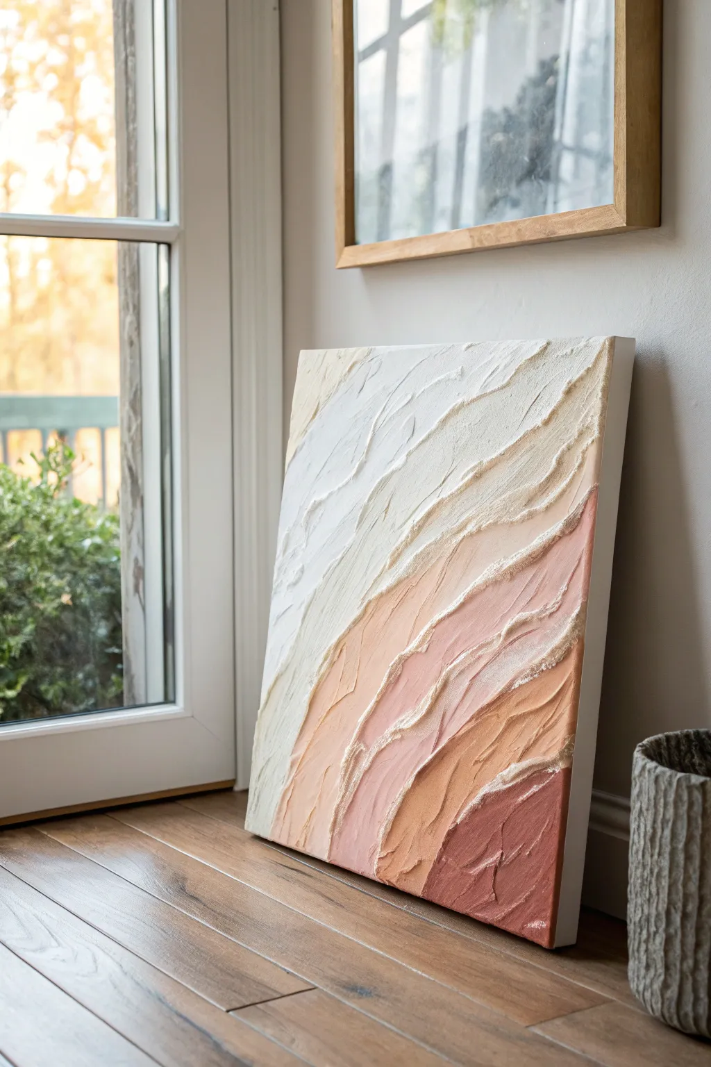 Thick palette-knife strokes and layered neutrals for a modern abstract movement study.