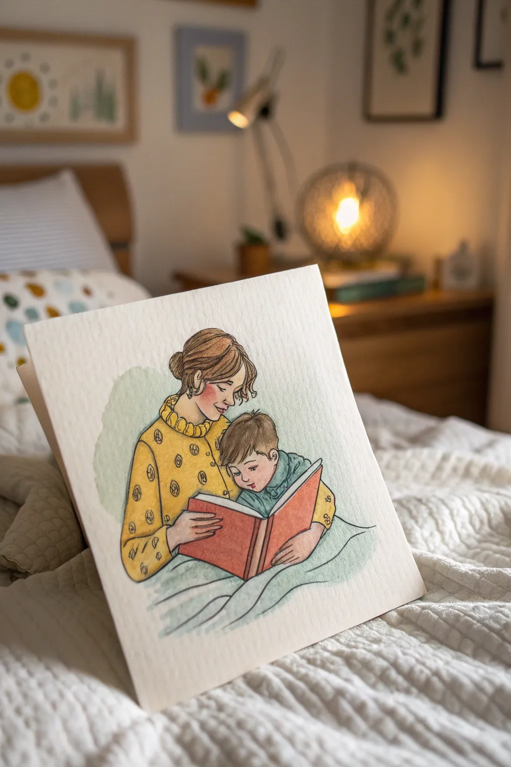 Simple bedtime story painting: warm lamp glow, cozy bed, mom and son reading together.