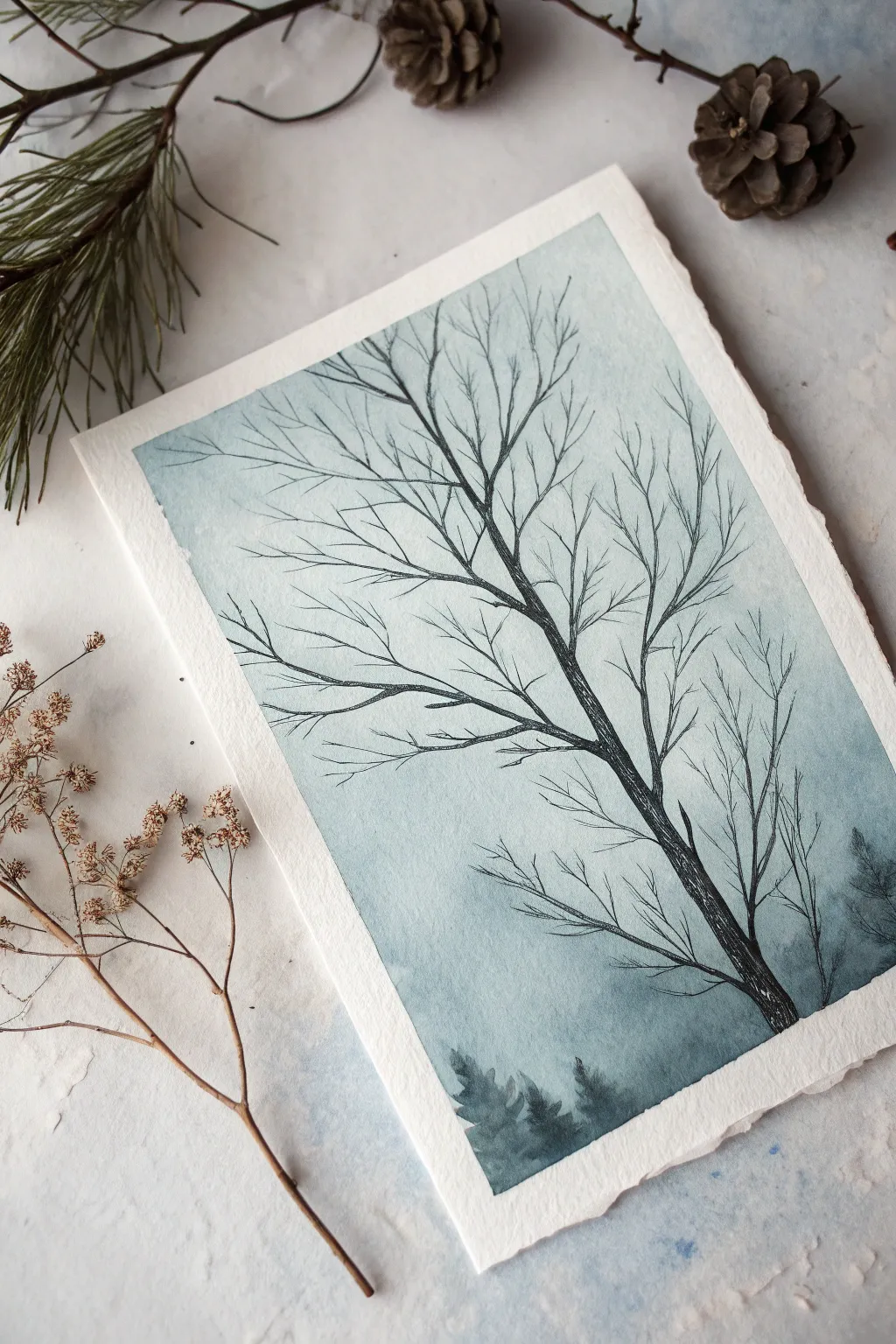 Monochrome winter branches: crisp dark linework over a soft pale wash for bold minimal contrast