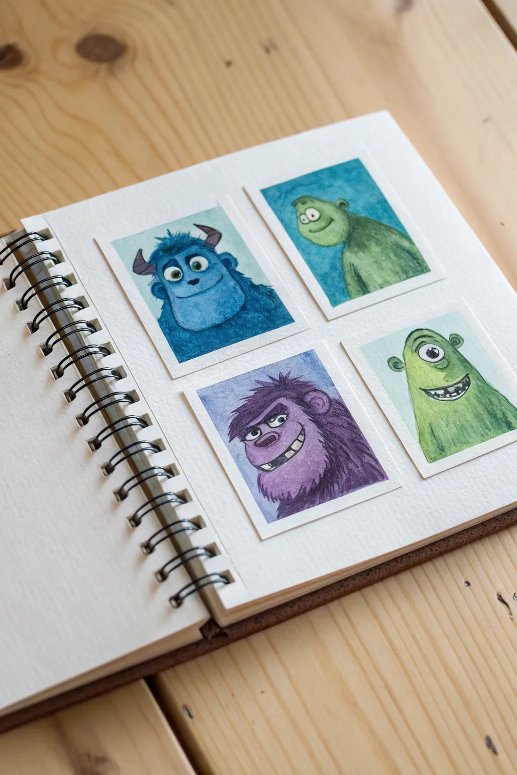 Three monochrome monster portraits in blue, green, and purple to practice value and mood