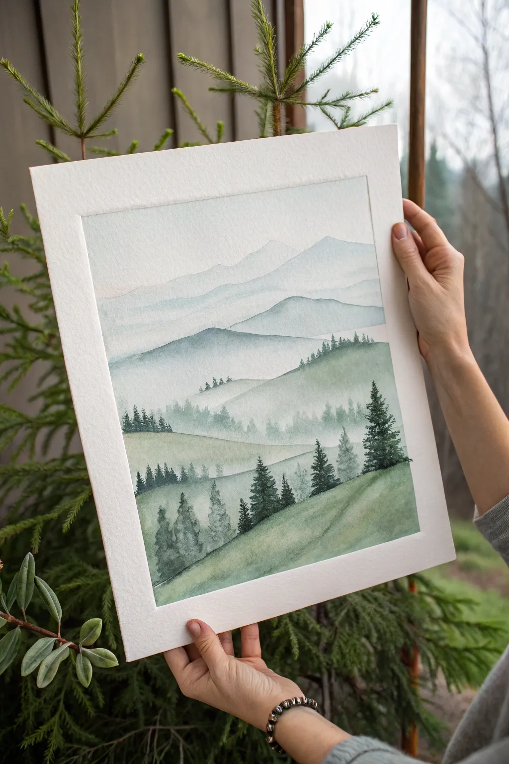 Quiet forest greens and misty hills, a minimalist landscape painting idea for calm moods