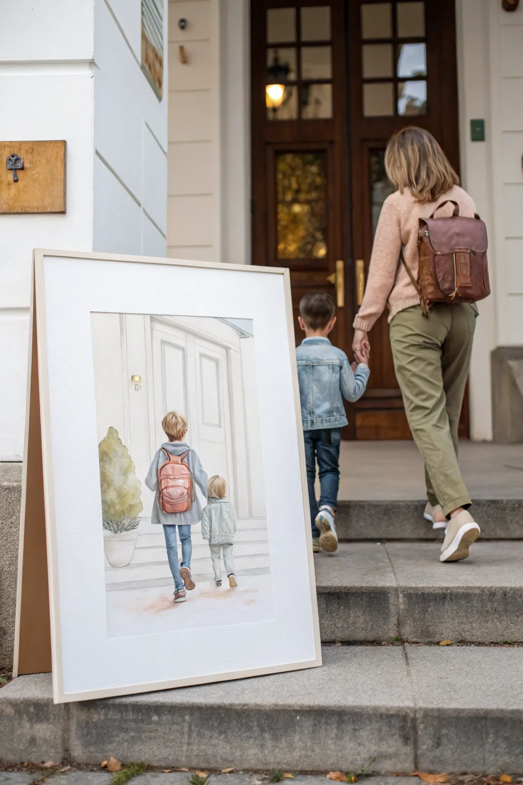 Sweet school drop-off sketch: mother and son hand in hand, backpack and simple doorway lines