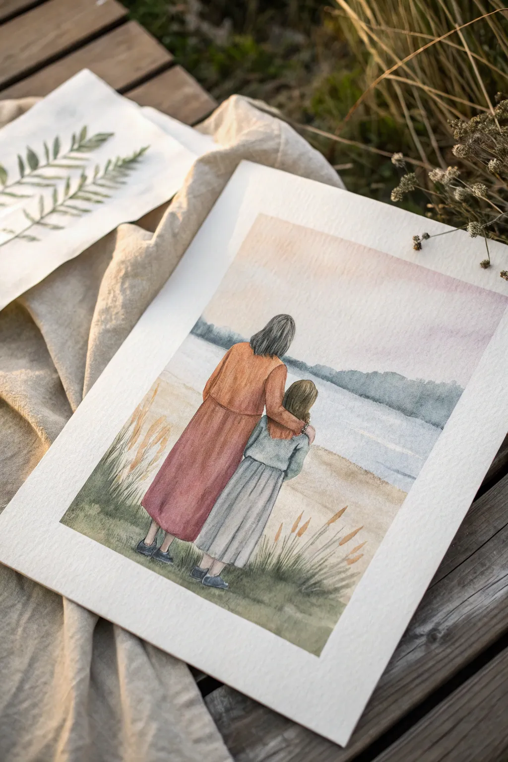 Faceless watercolor mom and daughter in soft boho neutrals, airy white space, strong contrast.