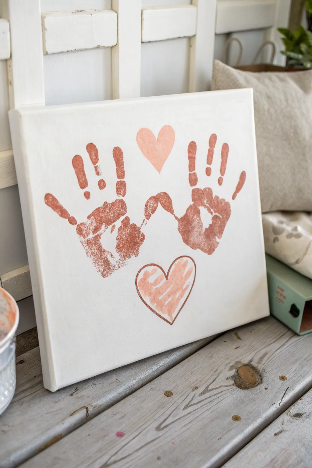 Sweet toddler handprint heart on a pastel canvas, perfect minimalist Mothers Day keepsake.