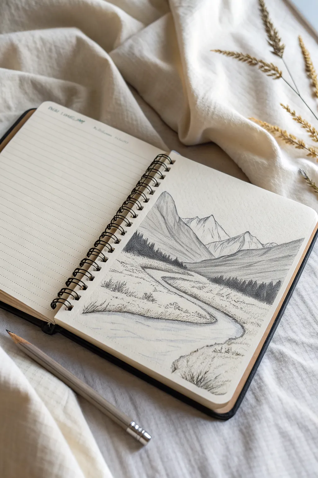 Simple river-to-mountain sketch idea with soft shading that leads your eye to the peaks.