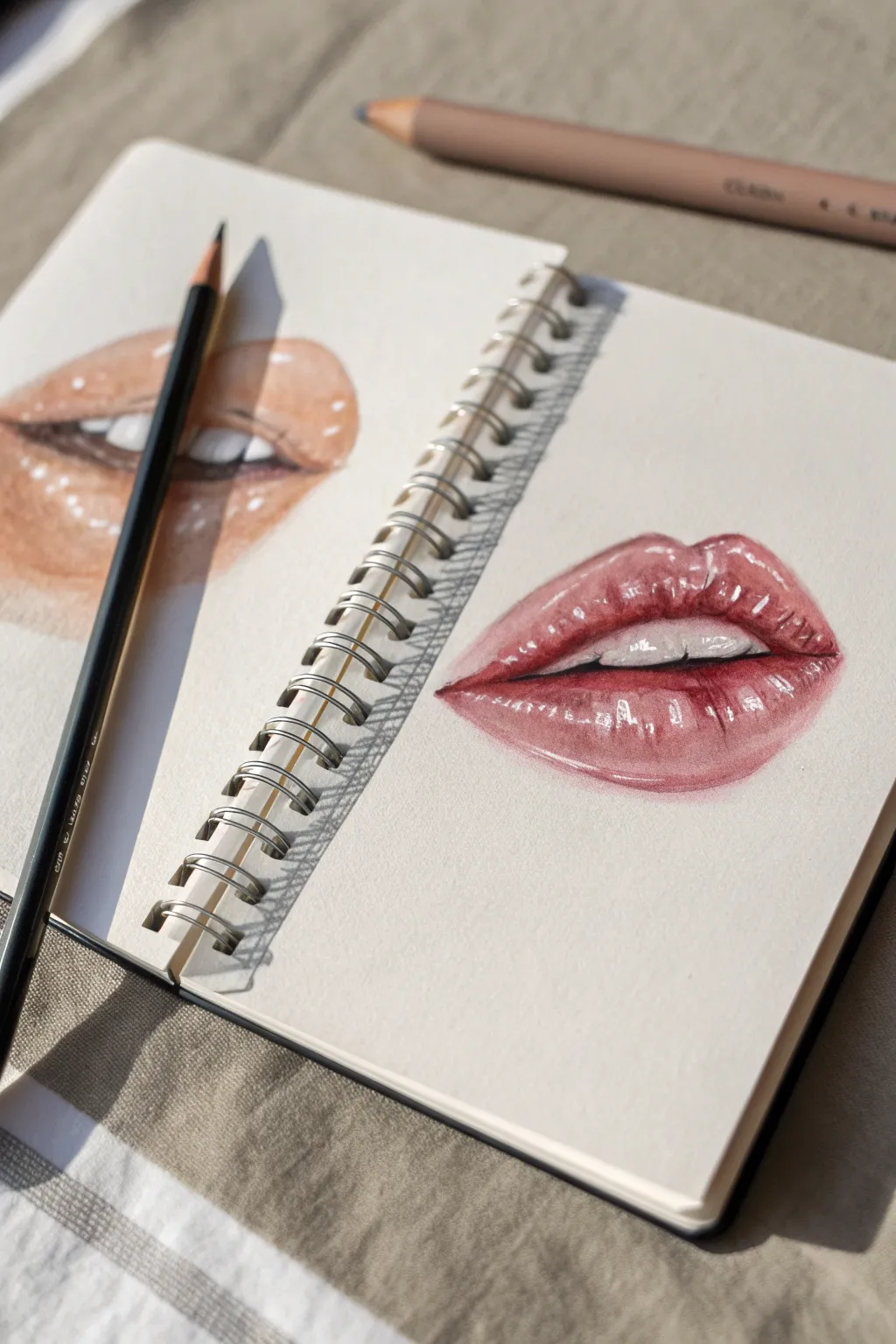 Compare glossy vs matte lip highlights with two clean mouth sketches on one page.