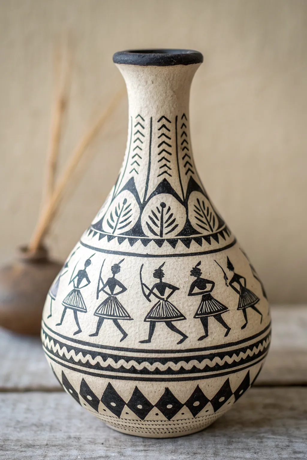 Folk-inspired stick figures wrap this mud vase for a simple Scandinavian boho vibe