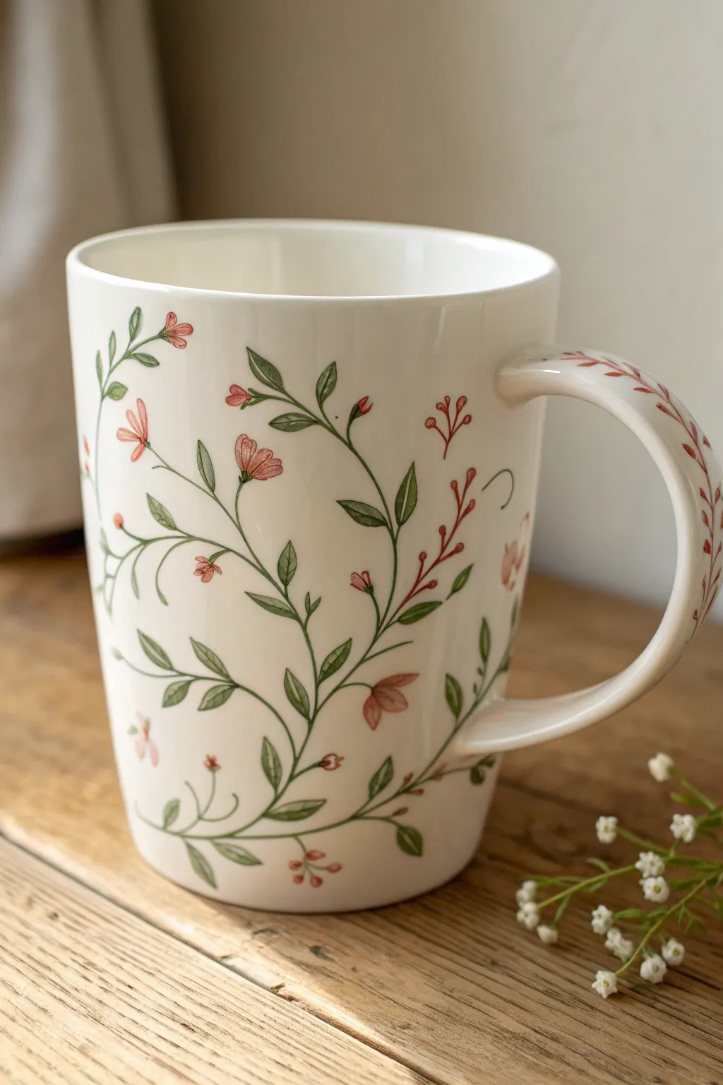 Wraparound floral vine mug painting: simple stems, leaves, and tiny blooms all around