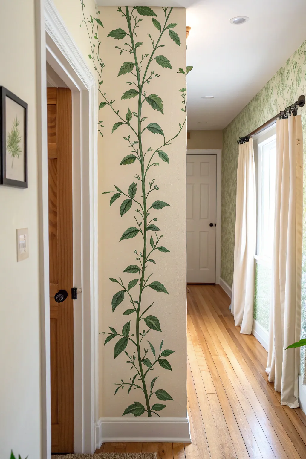 Vertical vine mural that elongates a narrow hallway, with minimalist hooks for a custom built-in feel