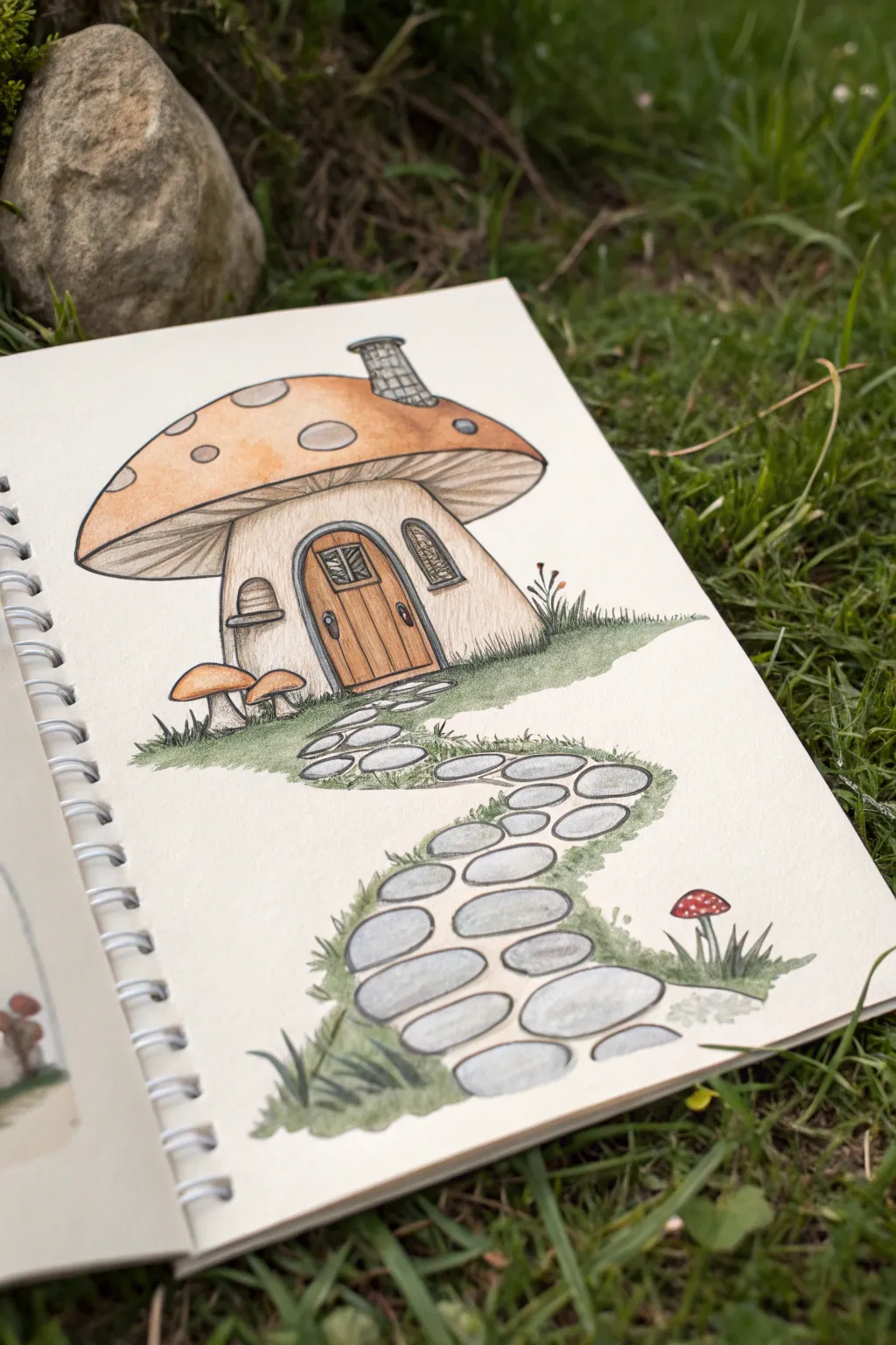 Tiny stepping stones guide you to a cozy mushroom door, perfect for calm minimalist sketching.