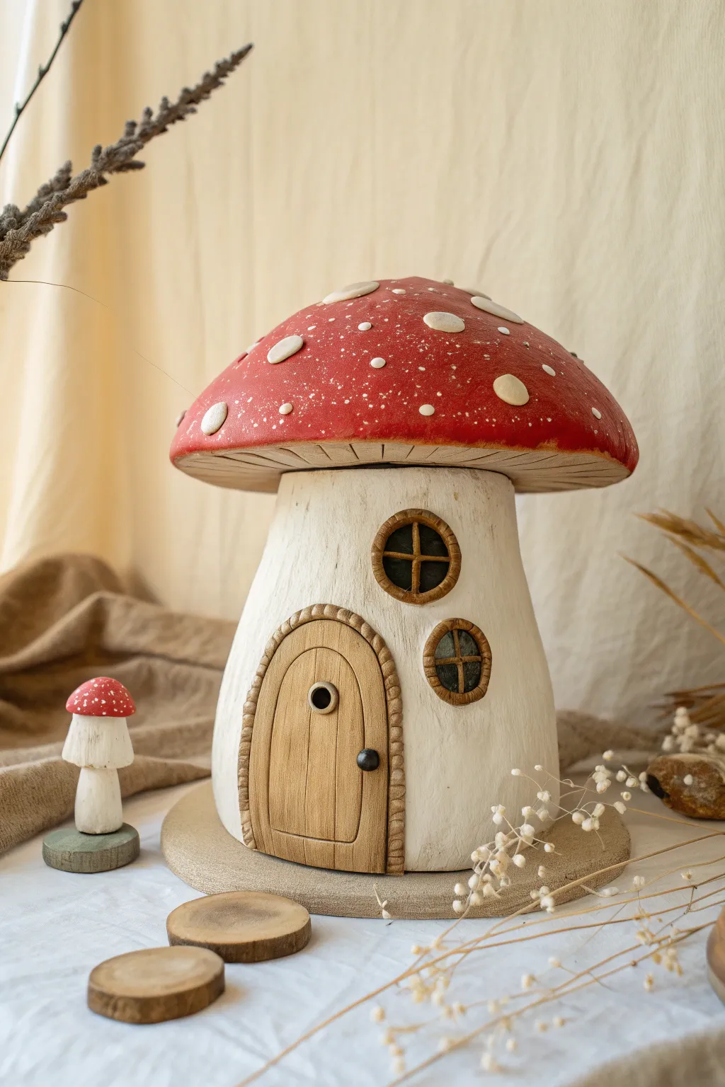 A cozy mushroom house with a tiny door, simple window, and stepping stones in soft boho minimal style