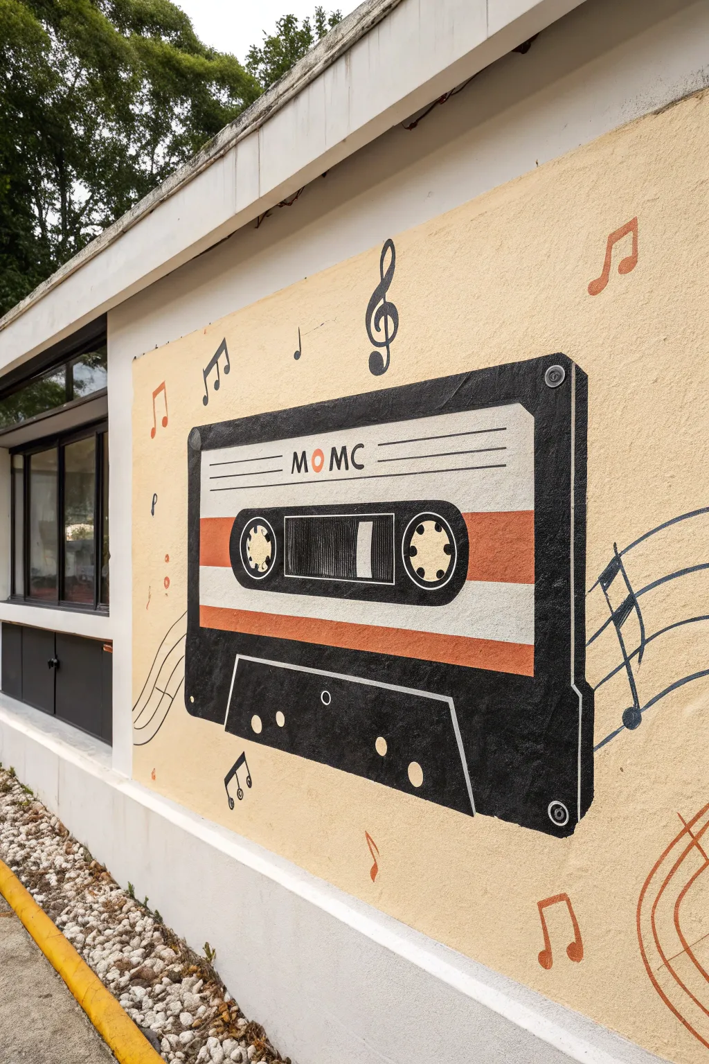 Minimalist cassette tape mural with soft boho doodles for a chic retro music wall moment