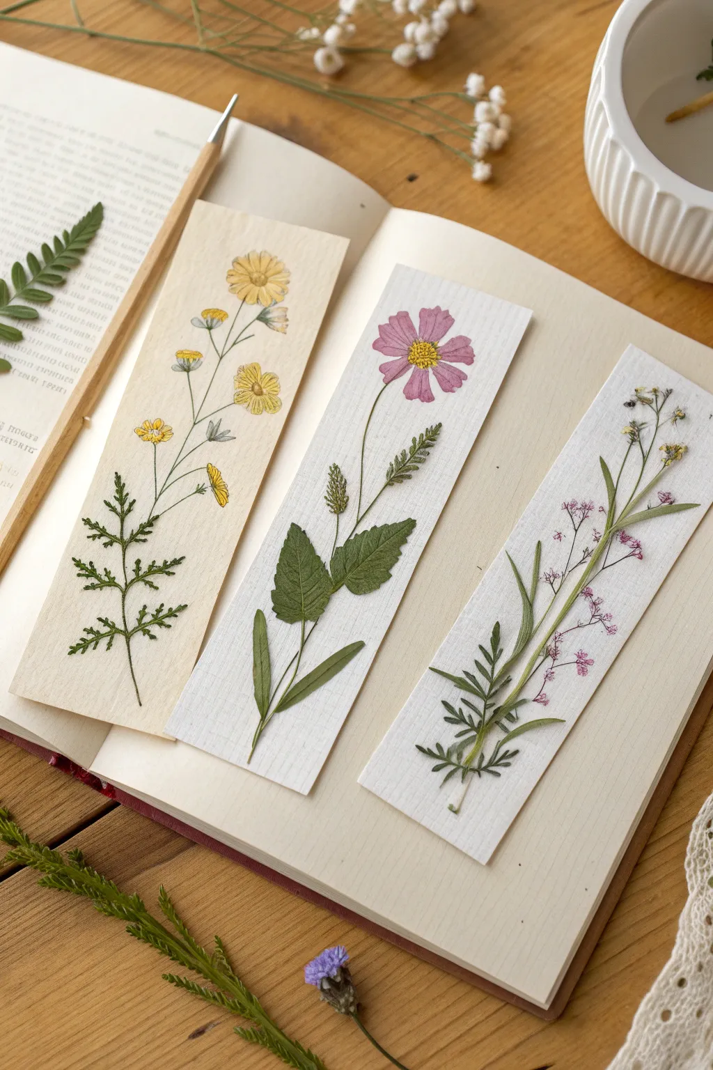 Pressed flower bookmarks in minimalist flat lay styling, soft boho details, crisp contrast.