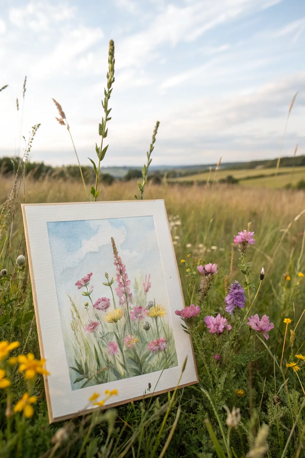 Wildflower meadow watercolor idea with a dreamy sky, loose dabs, Scandinavian minimal boho mood