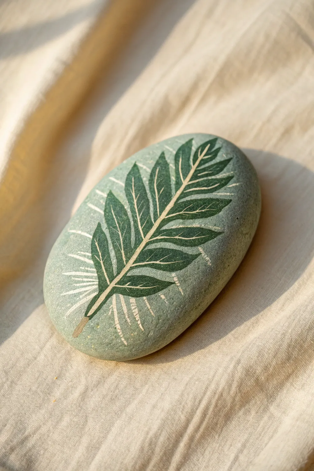 Single leaf botanical rock painting idea with crisp veins and calm Scandinavian boho simplicity