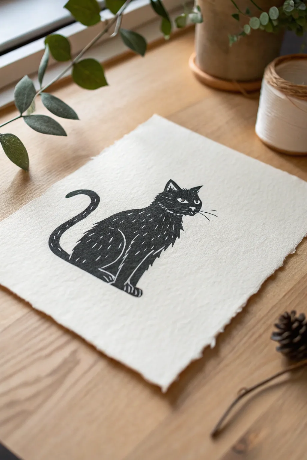 Minimalist cat silhouette made by negative space, crisp charcoal contrast on handmade paper