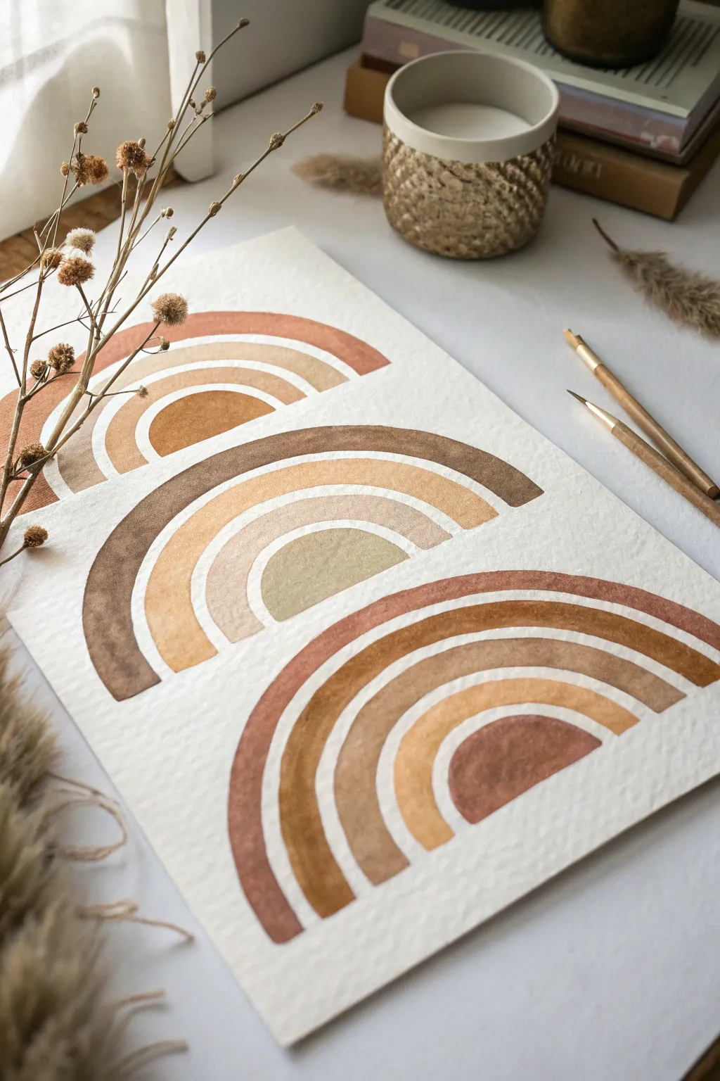 Neutral geometric arches in clay and stone tones, a calm minimalist painting idea for your wall