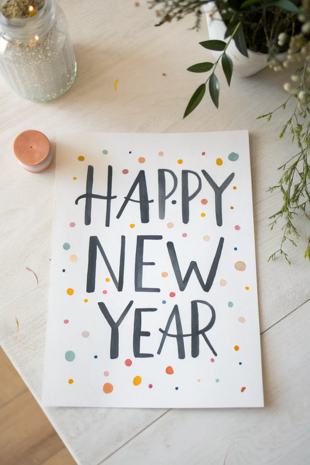 Bold Happy New Year lettering with quick confetti strokes, a minimal easy painting idea for beginners.