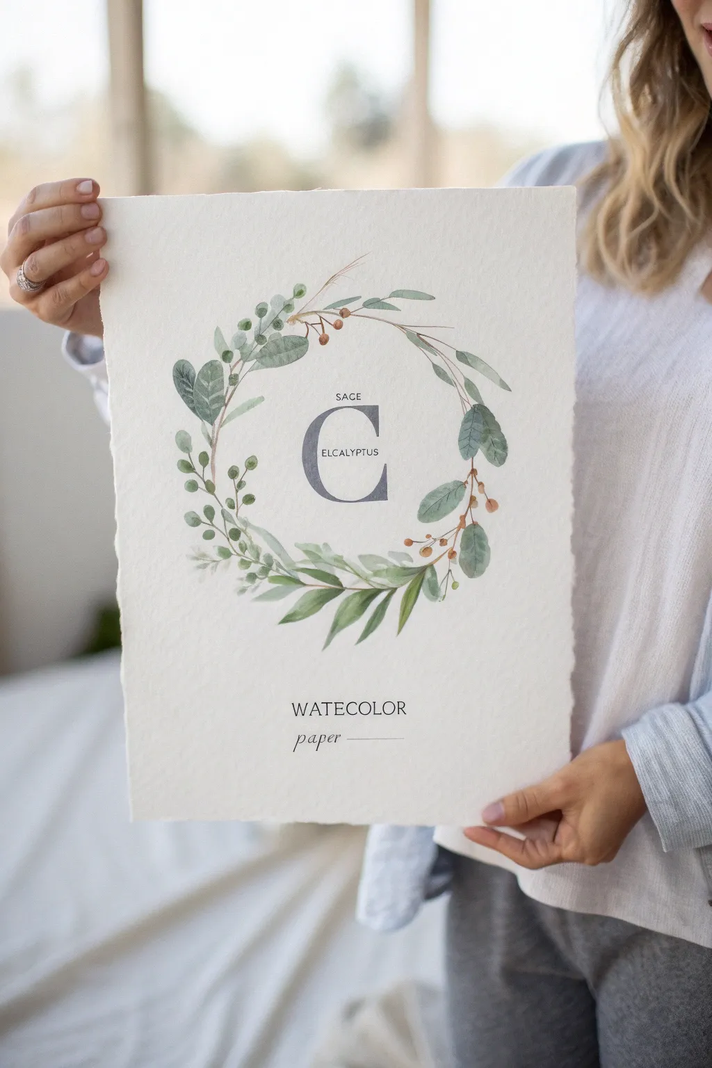 Minimal botanical wreath framing a newborn initial, painted in muted greens on textured paper