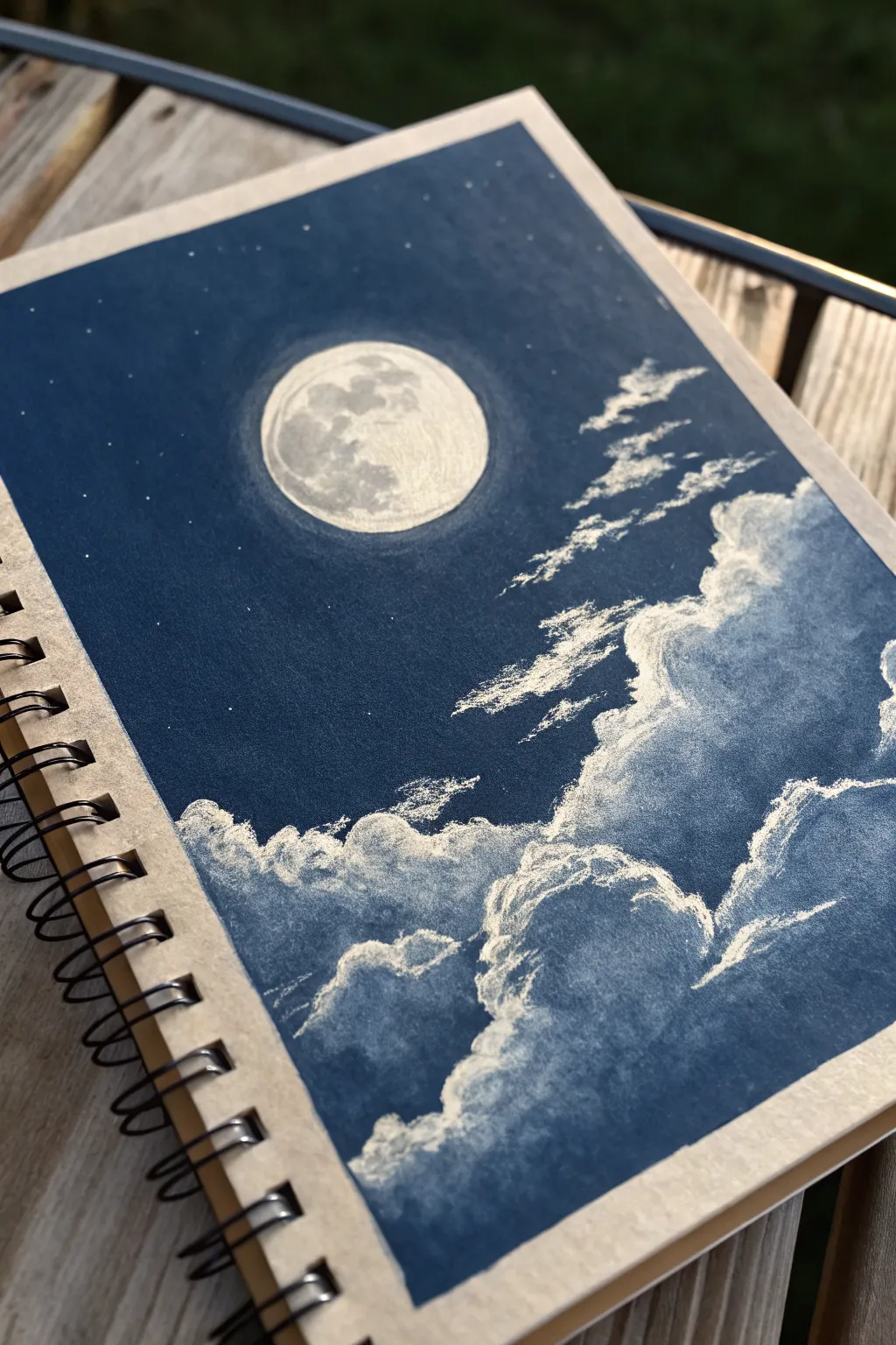Cloudy night sketch idea: wispy blended clouds veiling a glowing moon against a dark sky.