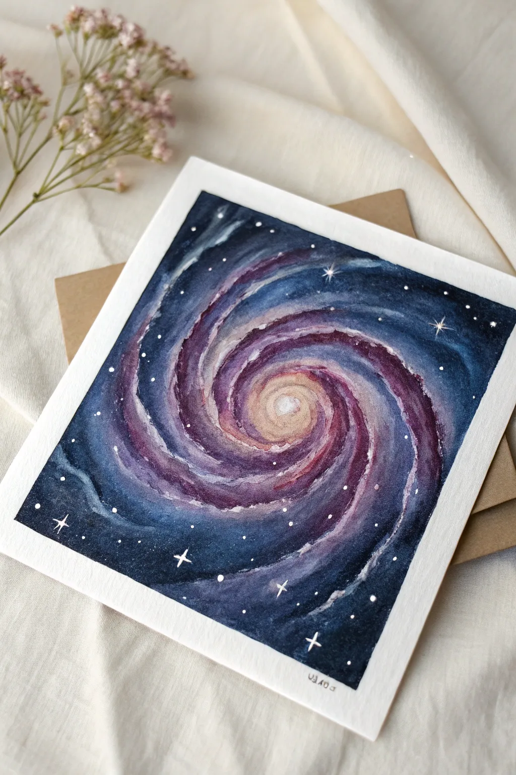 Swirled galaxy hues with spongey texture and crisp star clusters for a dreamy night sky.