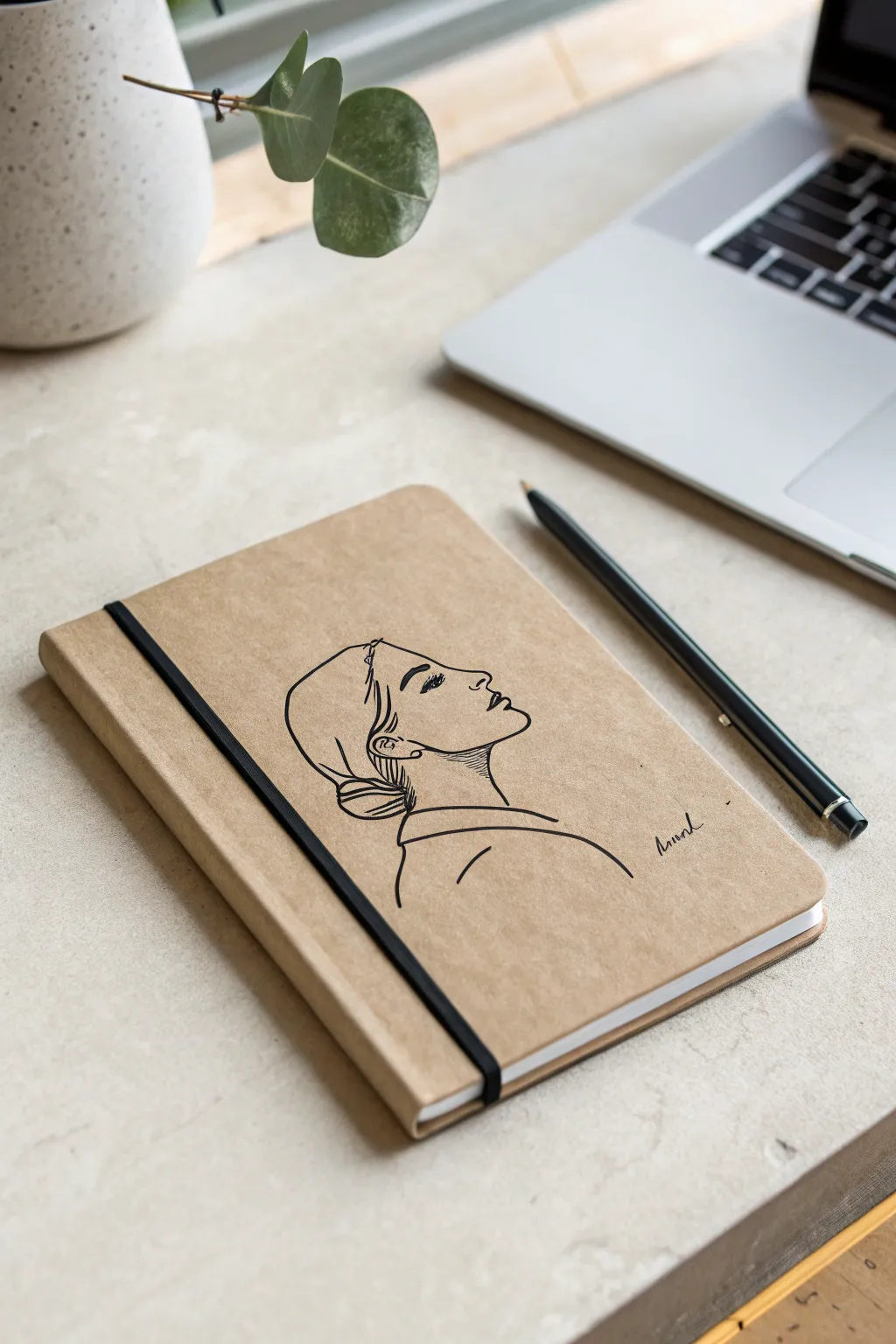 Minimal one-line portrait notebook cover idea with calm Scandinavian-boho styling and clean contrast
