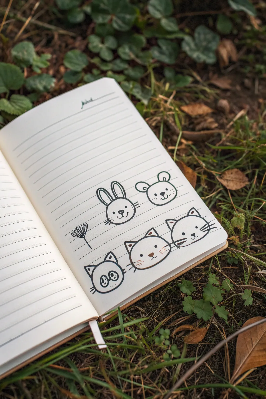 Simple animal face doodles in a tidy row, minimalist and cute for easy notebook sketches