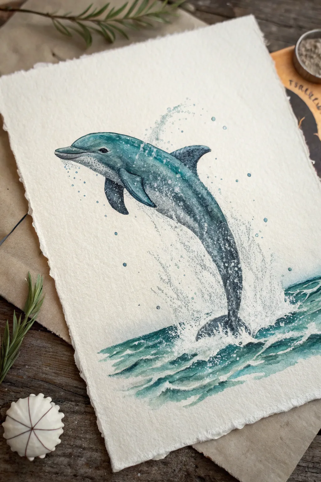 Minimalist dolphin leap with bright ocean spray highlights, perfect for modern ocean sketching