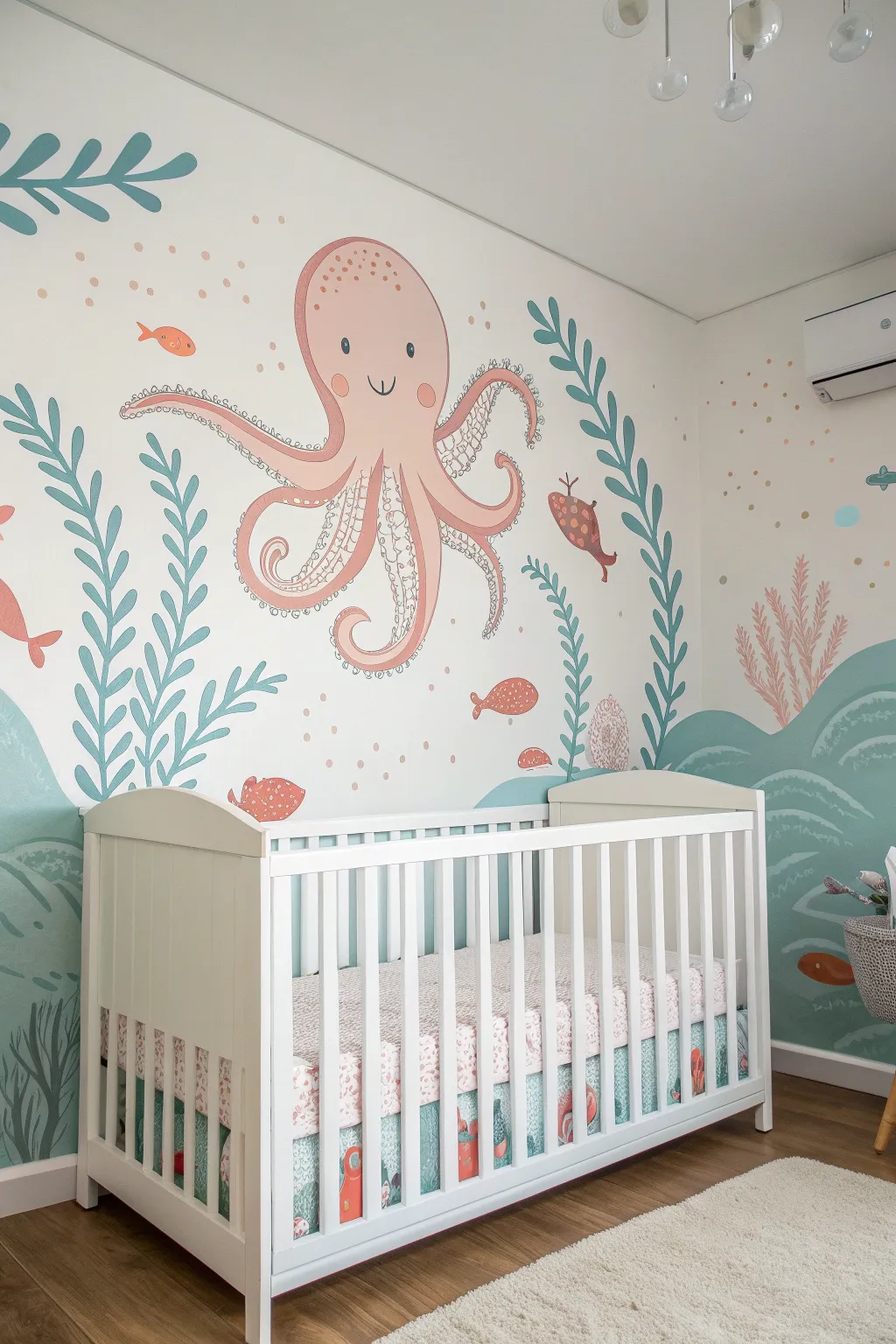 Soft pastel ocean mural with a smiling octopus, minimalist fish, and cozy nursery styling