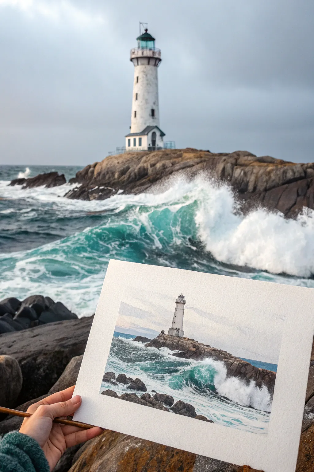 Minimalist lighthouse above textured choppy waves, a bright beam for a crisp coastal focal point.