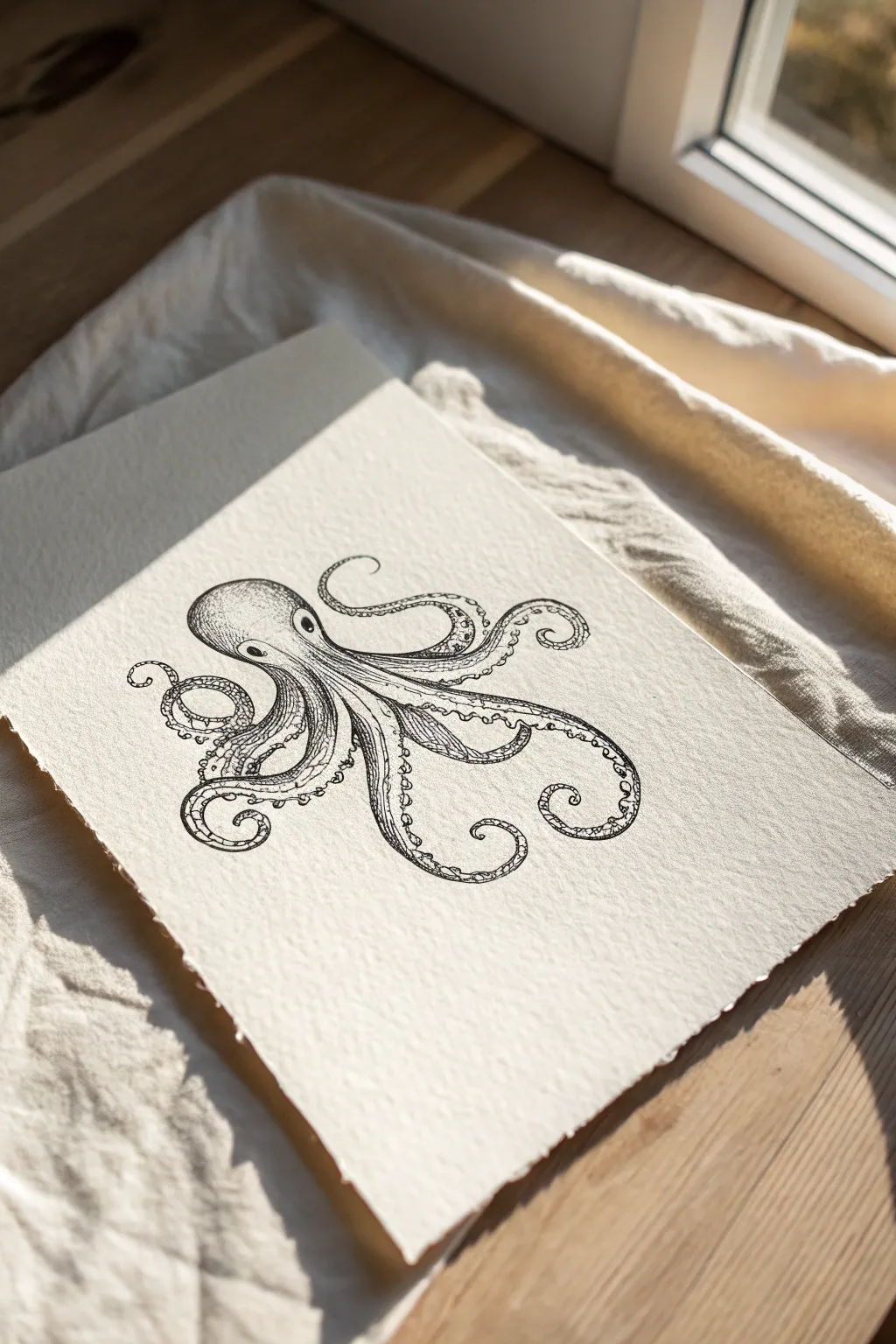 Minimal one-line octopus with flowing tentacles, calm negative space, and modern coastal simplicity