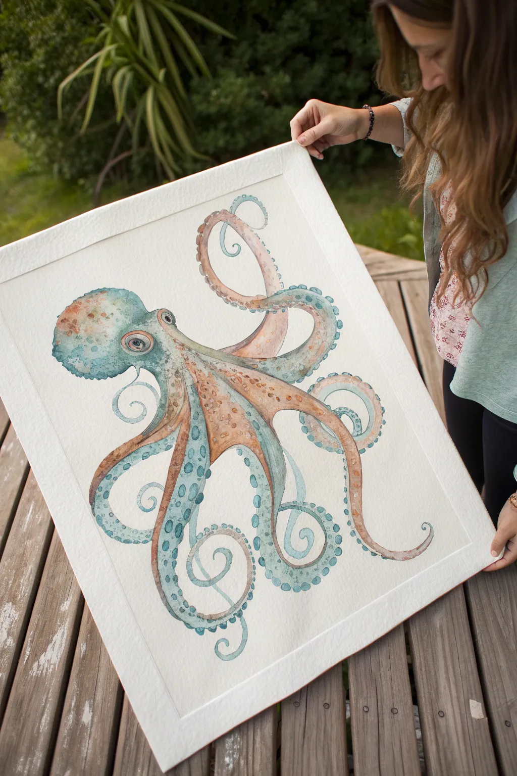 Blooming watercolor octopus with crisp eyes and tentacle overlaps in soft Scandinavian boho style.