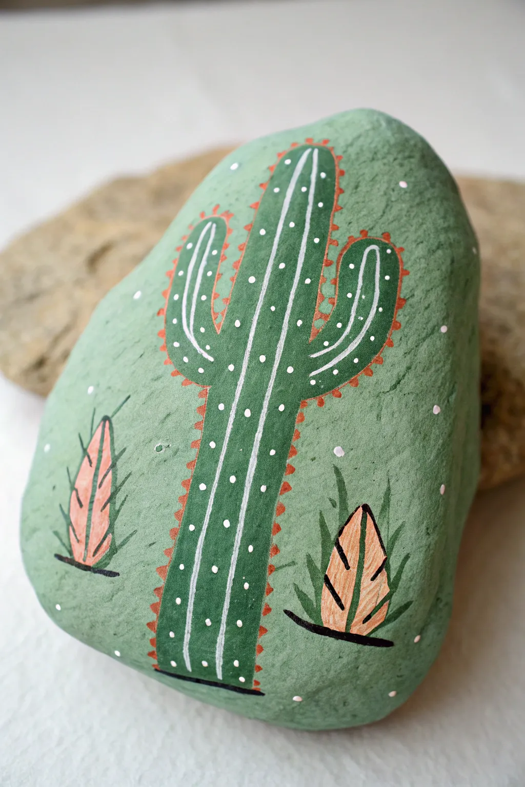 Turn a jagged rock into a boho cactus with dotted spines and warm desert neutrals.