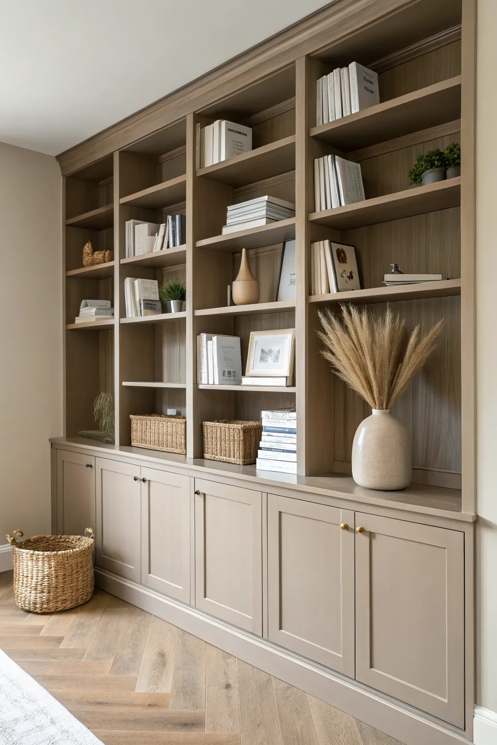 Monochrome built-ins painted to match the wall, styled simply for a calm, organized office.
