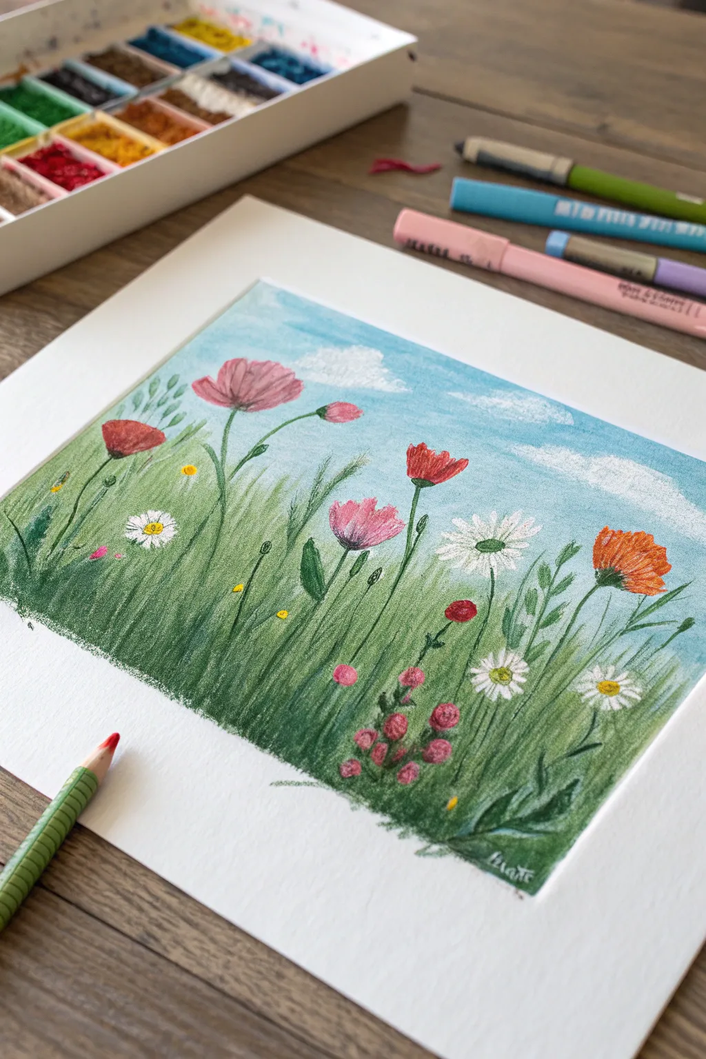 Oil pastel meadow with bold color blocks and confetti wildflowers, minimalist Scandinavian calm.