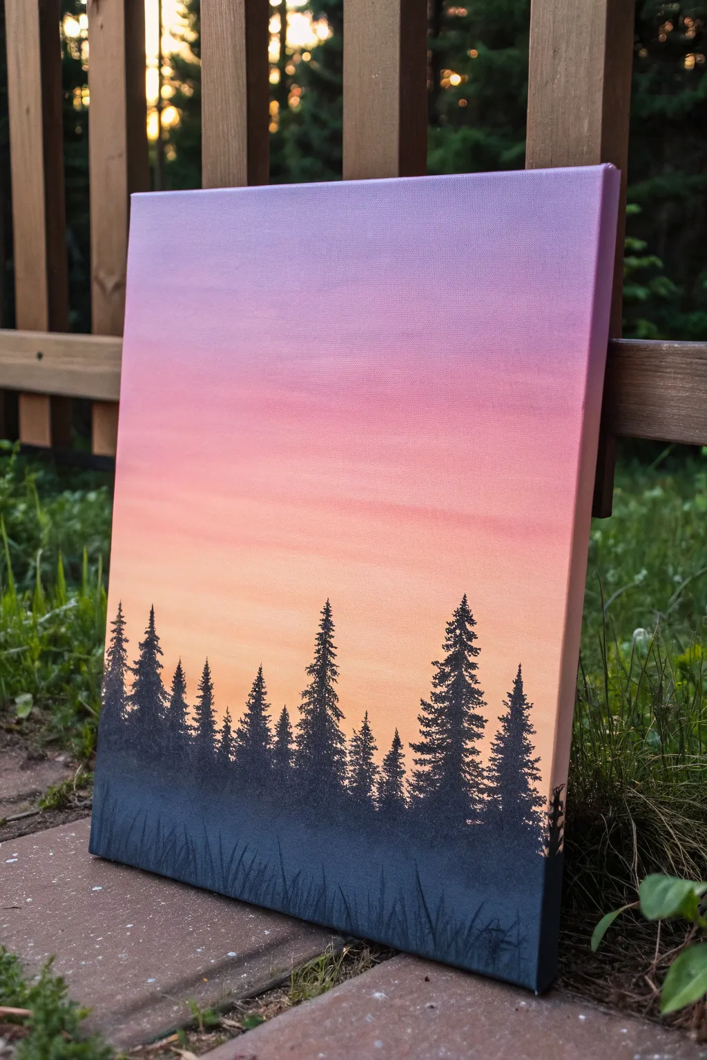 Soft sunset ombre with a bold black pine skyline, clean minimalist style and easy to recreate