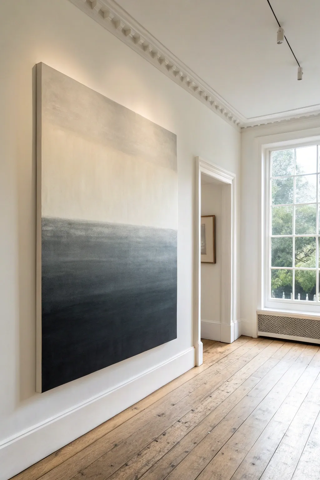 Horizontal ombre canvas from charcoal to cream, minimalist and boho-ready for wide walls.