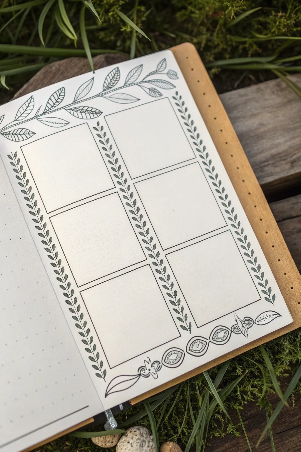 Minimal one-page border frame drawing with boho motifs and blank keyword tabs for ideas