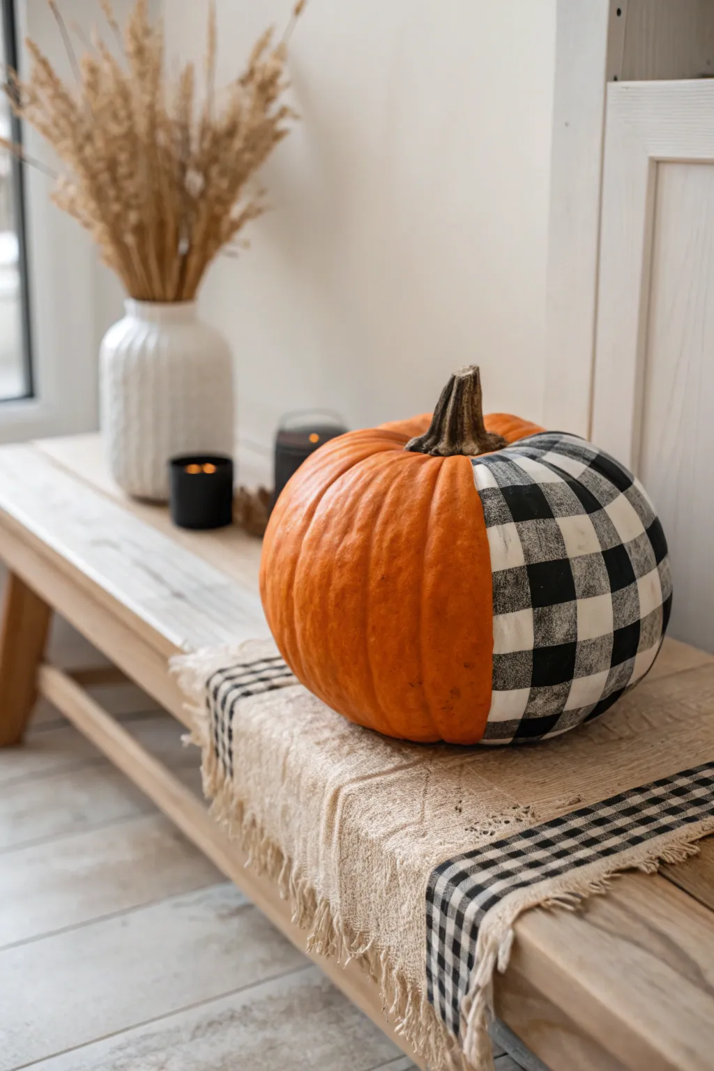 Buffalo check corner panel pumpkin for cozy minimalist fall decor, easy to paint at home.