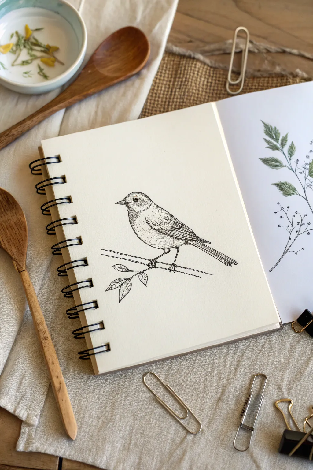 Minimalist bird made from spoon and paperclips, a clever original drawing idea to try today