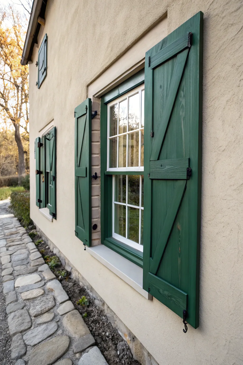 Taupe walls and forest green shutters prove bold accents can feel calm and welcoming outdoors.