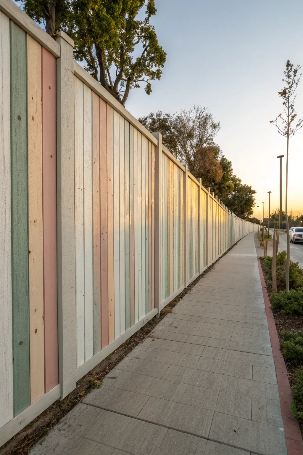 Muted striped fence mural in warm golden light, a minimalist outdoor wall idea with soft contrast.