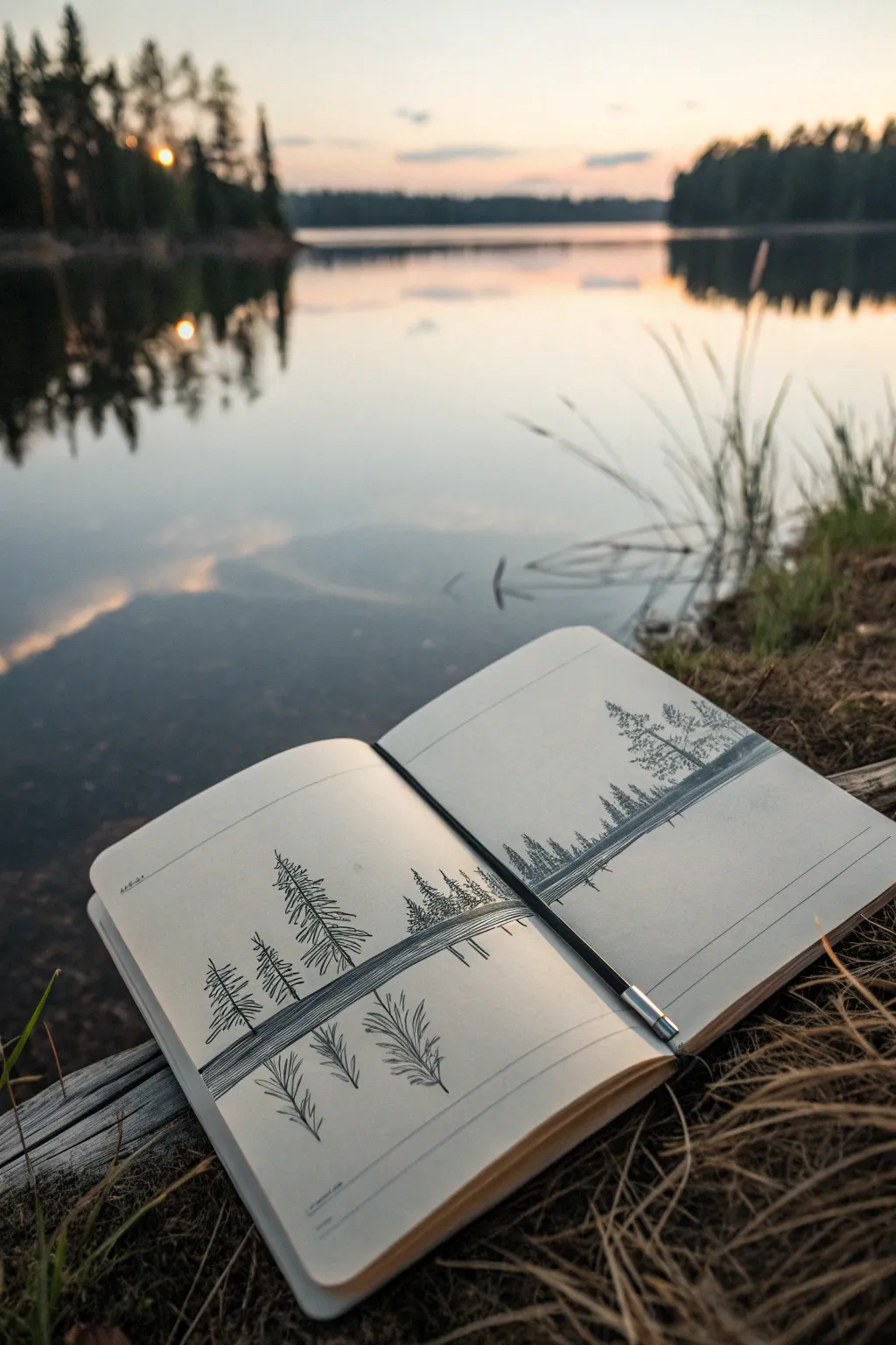 Sketch a serene lake reflection with simple mirrored shapes and soft pencil shading outdoors.