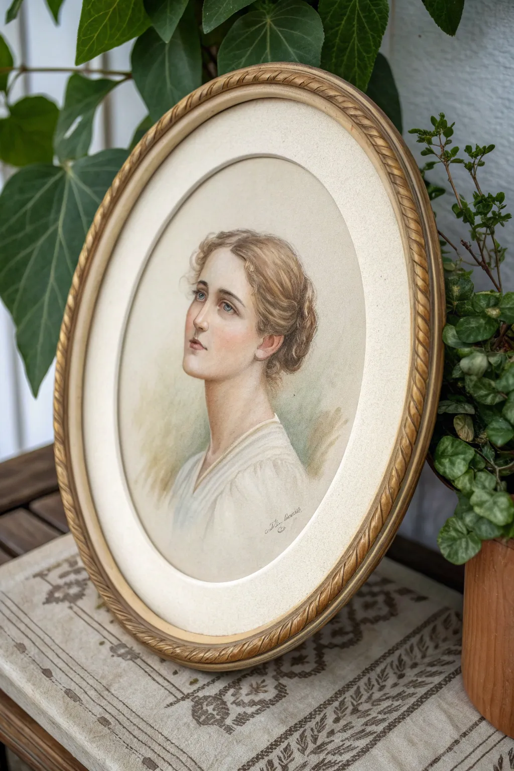 Elegant oval cameo portrait with soft vignette edges, minimalist boho palette to paint