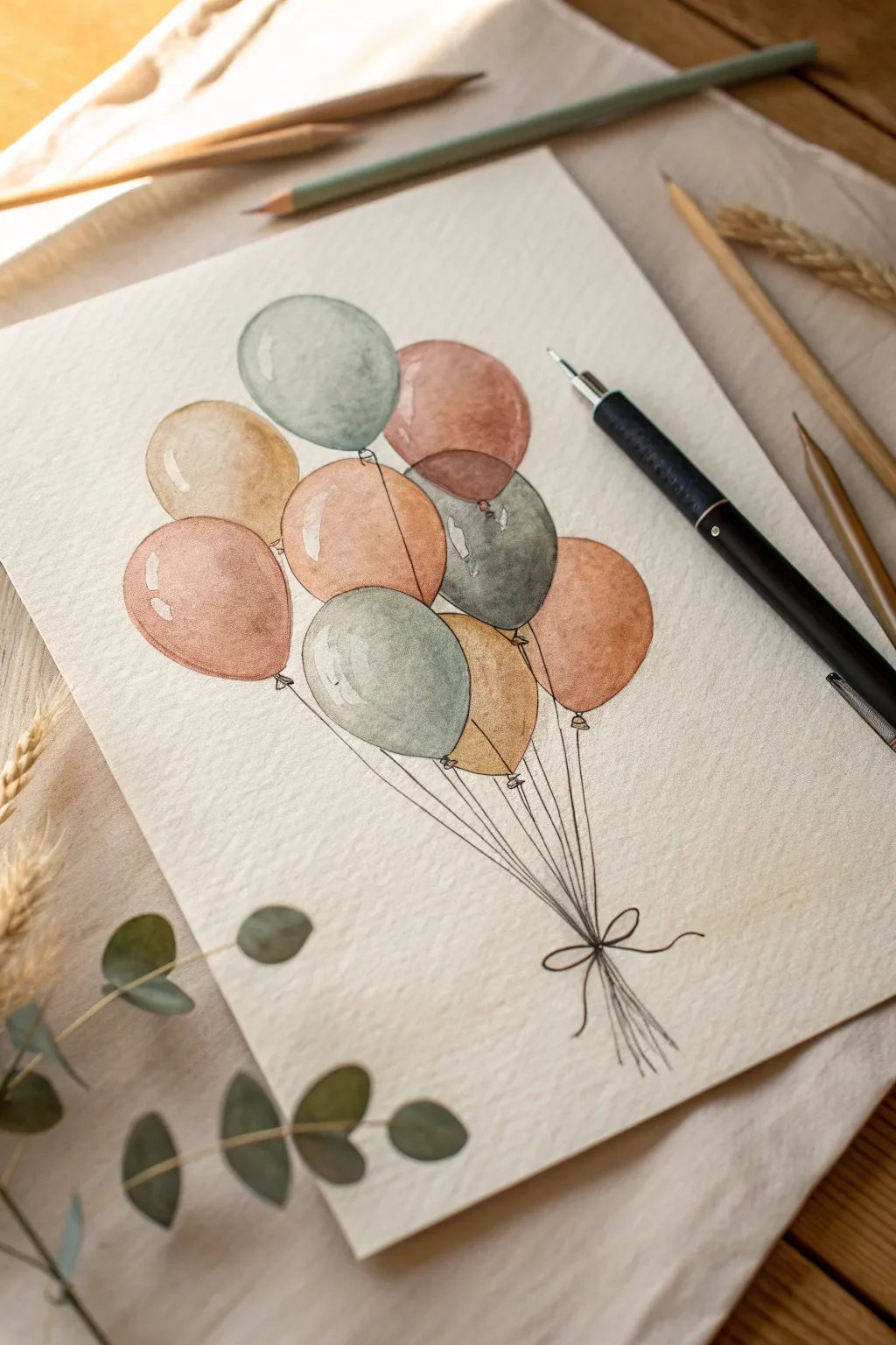 Overlapping balloon bunch with darker overlaps and crossing strings for simple depth practice.