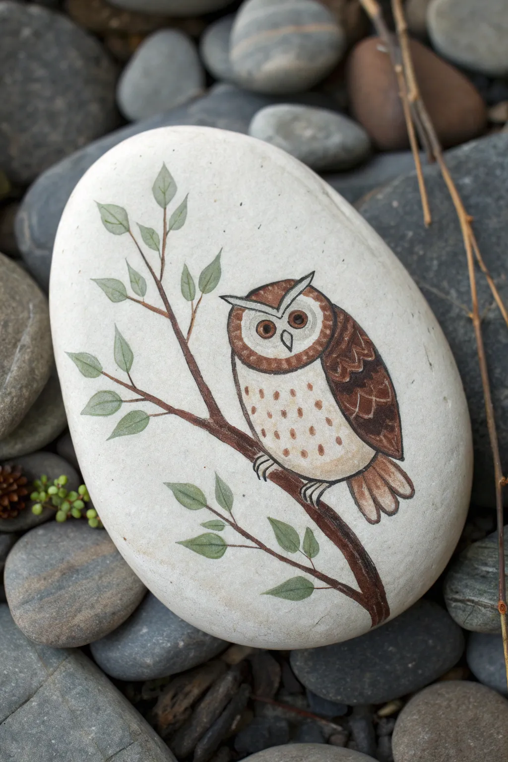 Minimal owl on a painted branch rock, soft boho neutrals and crisp contrast for Pinterest